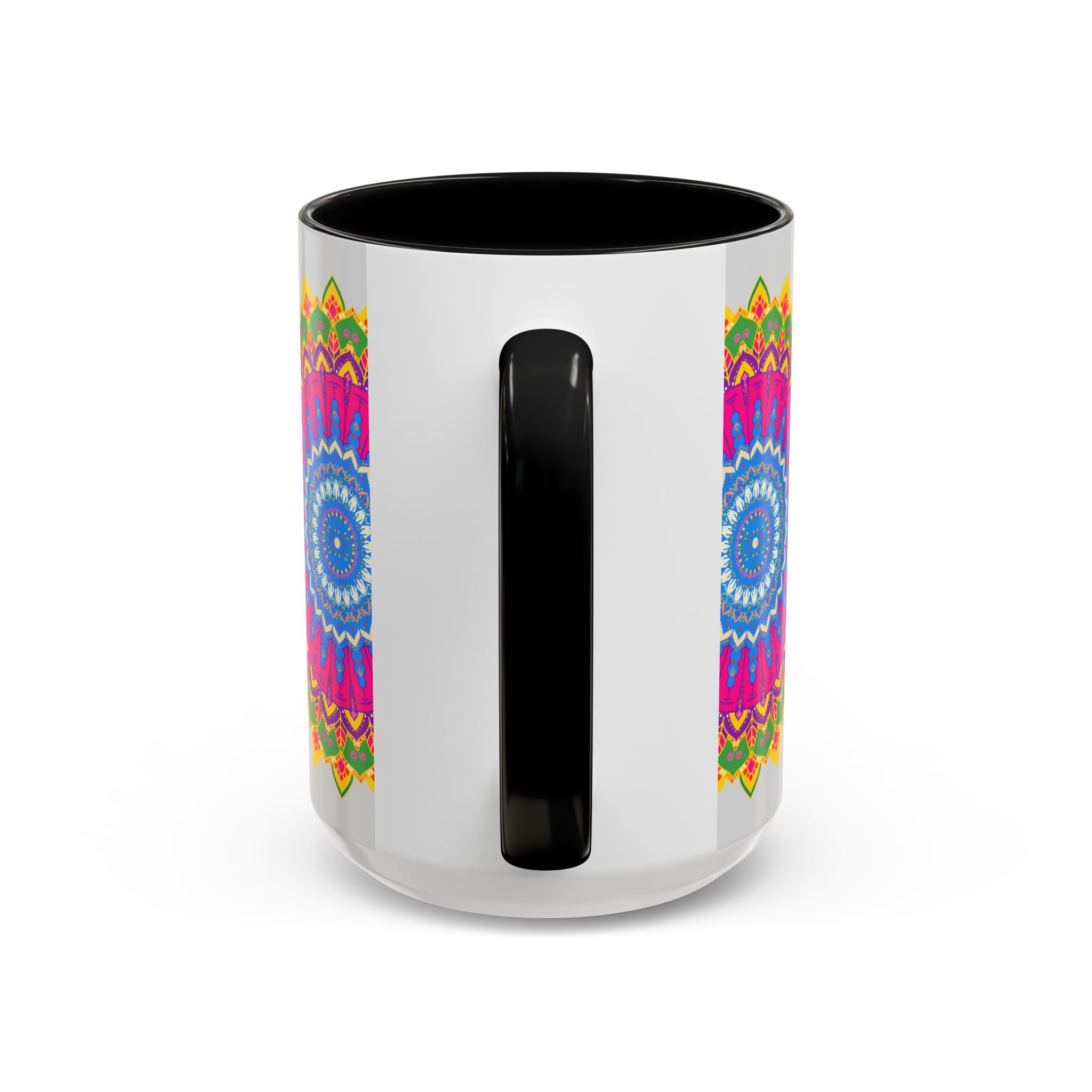 Colorful mandala art mug featuring a vibrant geometric design on a white background