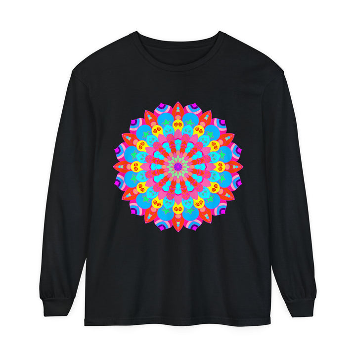 Colorful mandala unisex long sleeve t-shirt featuring intricate, vibrant design