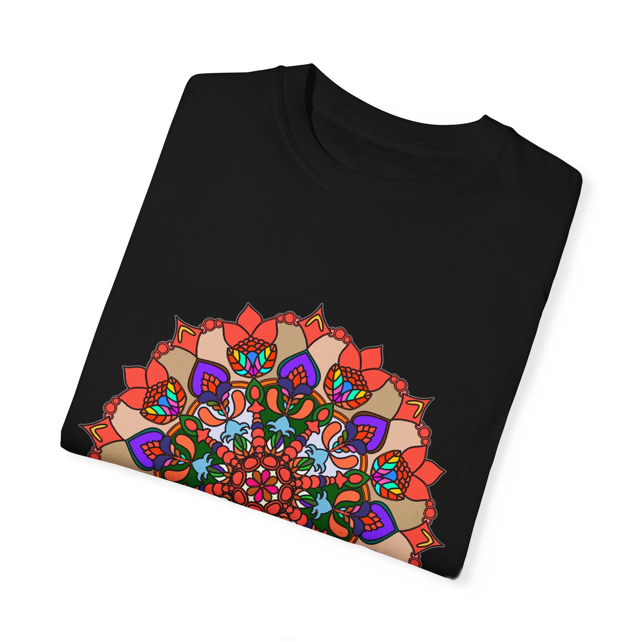 Unisex Mandala T-Shirt featuring intricate hand-drawn Mandala art on 100% Ring-Spun Cotton, garment-dyed for extra comfort