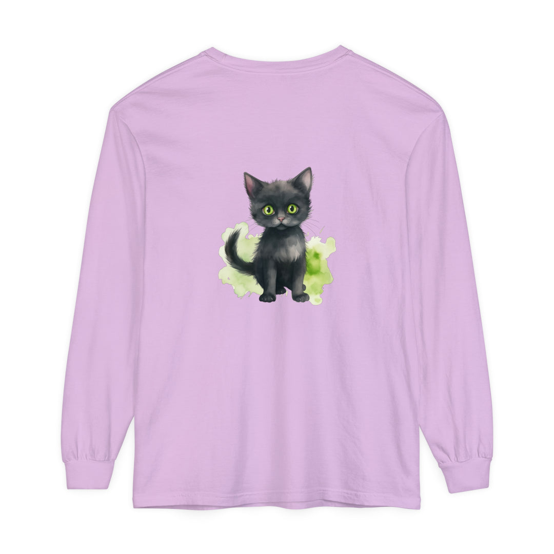 Black Cat Watercolor - Long Sleeve T-Shirt featuring a realistic watercolor design of a black cat on a comfortable long sleeve shirt