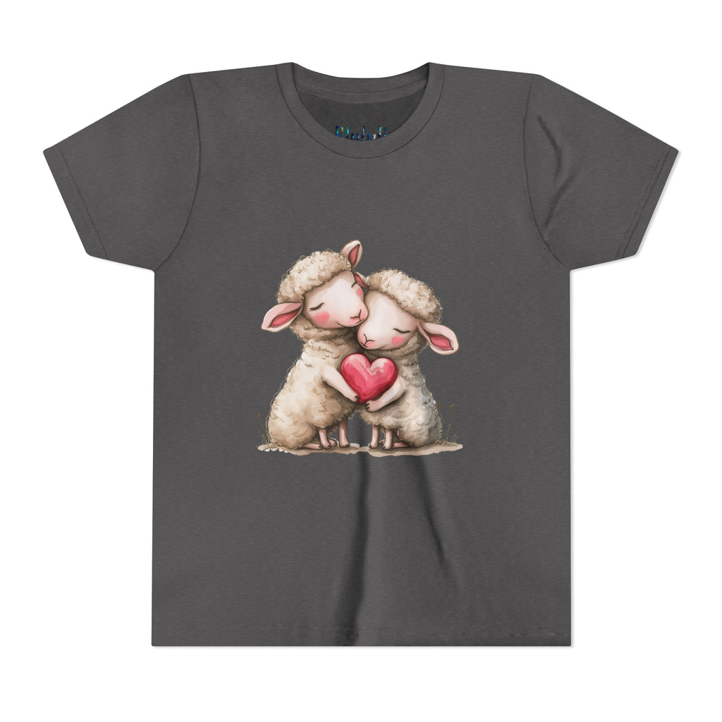 Youth Tee - Cartoon Sheeps Hugging Heart, Cute and Lovely Design