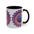 A grey ceramic mug featuring a vibrant mandala art design