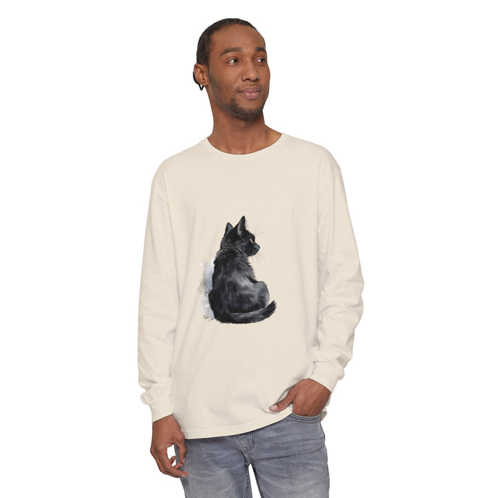 Black Cat Watercolor Unisex Long Sleeve T-Shirt featuring a vibrant watercolor illustration of a black cat on a comfortable, stylish long sleeve shirt