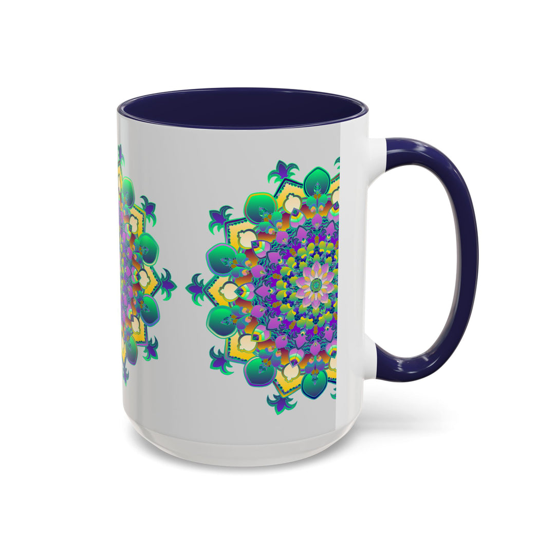 Vibrant mandala art mug in light grey with intricate and colorful design