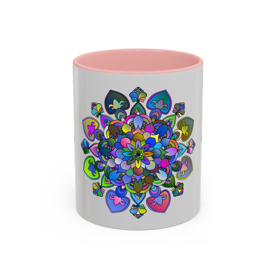 Colorful mandala pattern on a stylish grey coffee mug