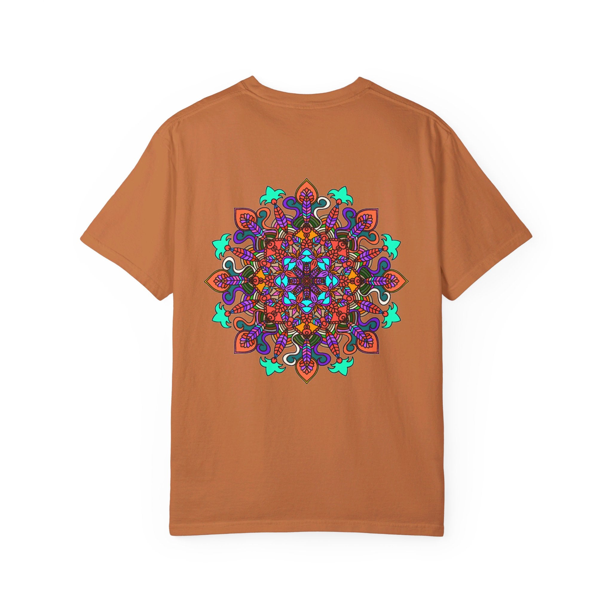 Unisex Mandala T-Shirt showcasing hand-drawn mandala art on 100% ring-spun cotton, garment-dyed for extra comfort