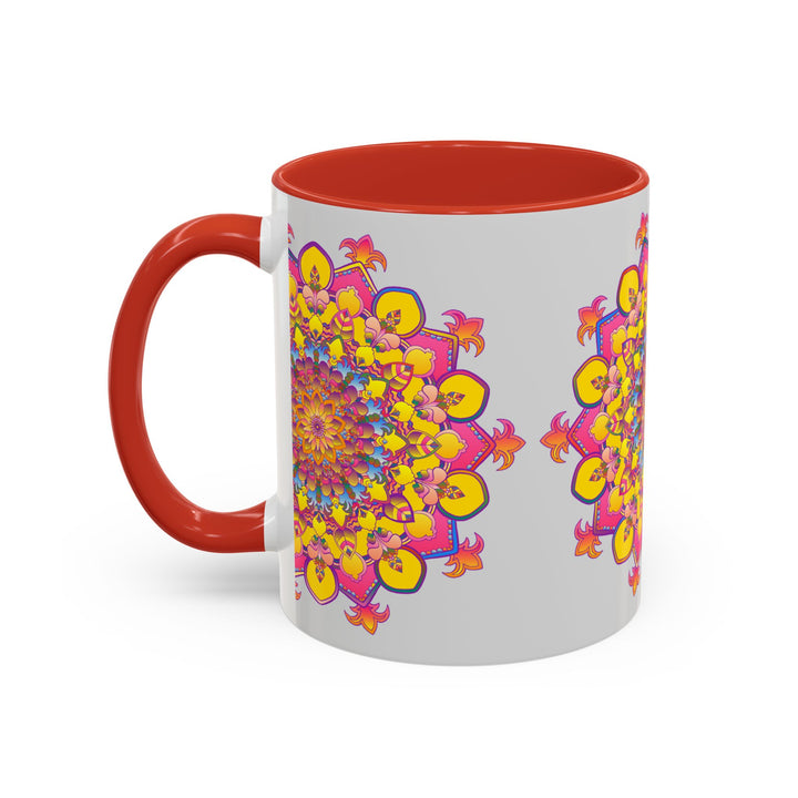 A vibrant and intricate mandala art design adorns a ceramic mug perfect for meditation and relaxation