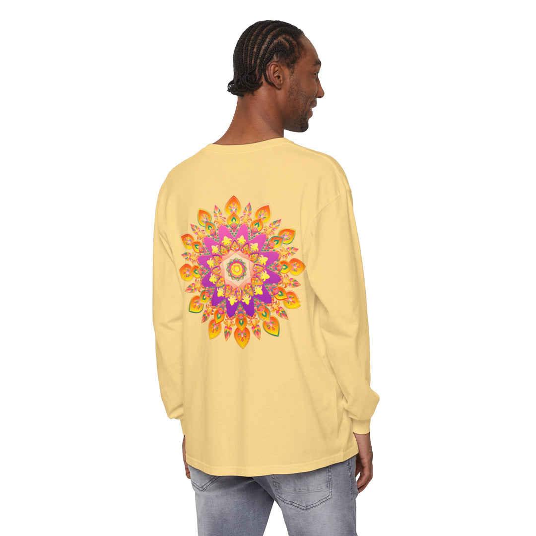 Colorful and intricate mandala design on a unisex long sleeve t-shirt