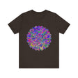 A close-up image of a vibrant mandala t-shirt featuring intricate spiritual art designs
