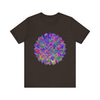 A close-up image of a vibrant mandala t-shirt featuring intricate spiritual art designs