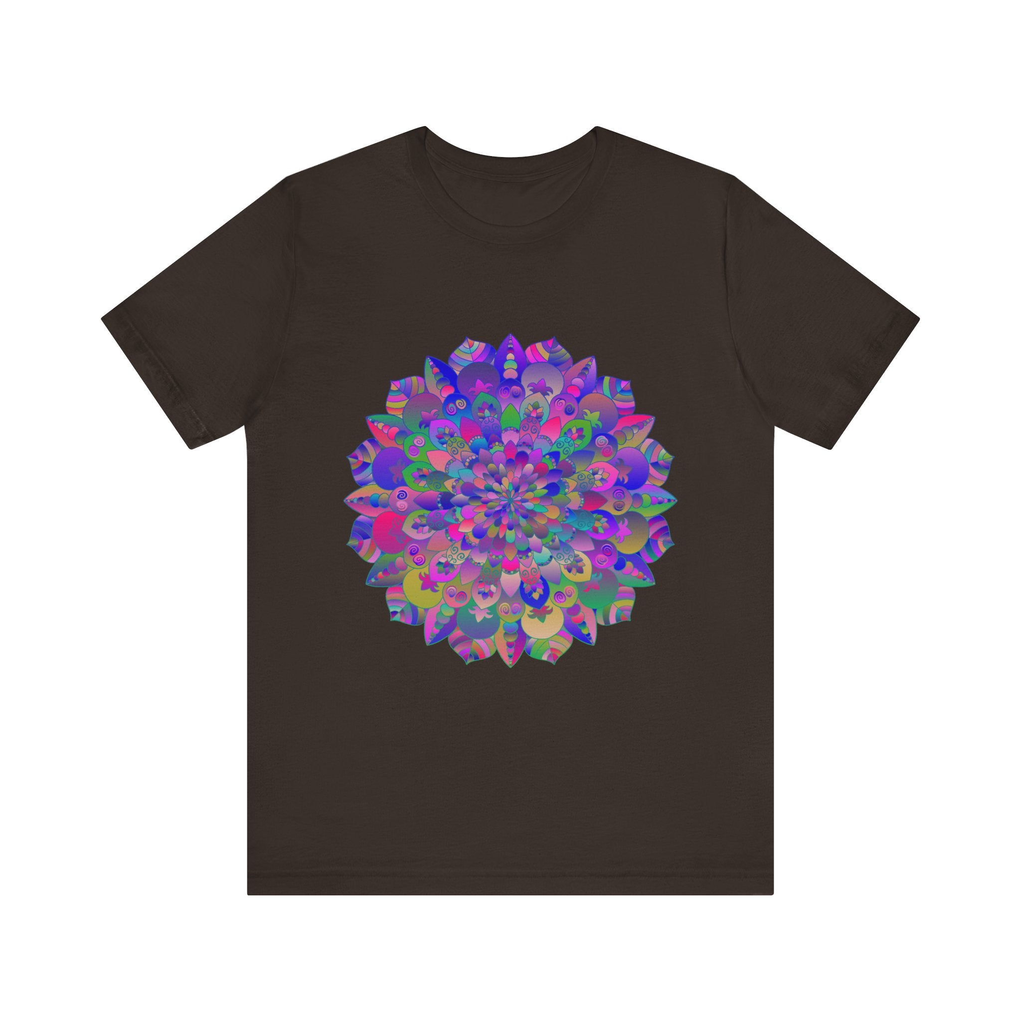 A close-up image of a vibrant mandala t-shirt featuring intricate spiritual art designs