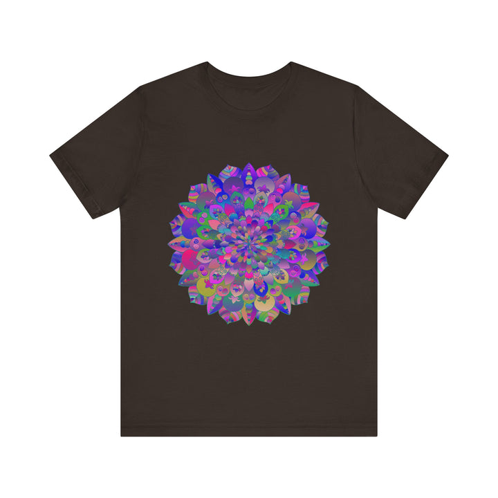 A close-up image of a vibrant mandala t-shirt featuring intricate spiritual art designs