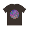 A close-up image of a vibrant mandala t-shirt featuring intricate spiritual art designs