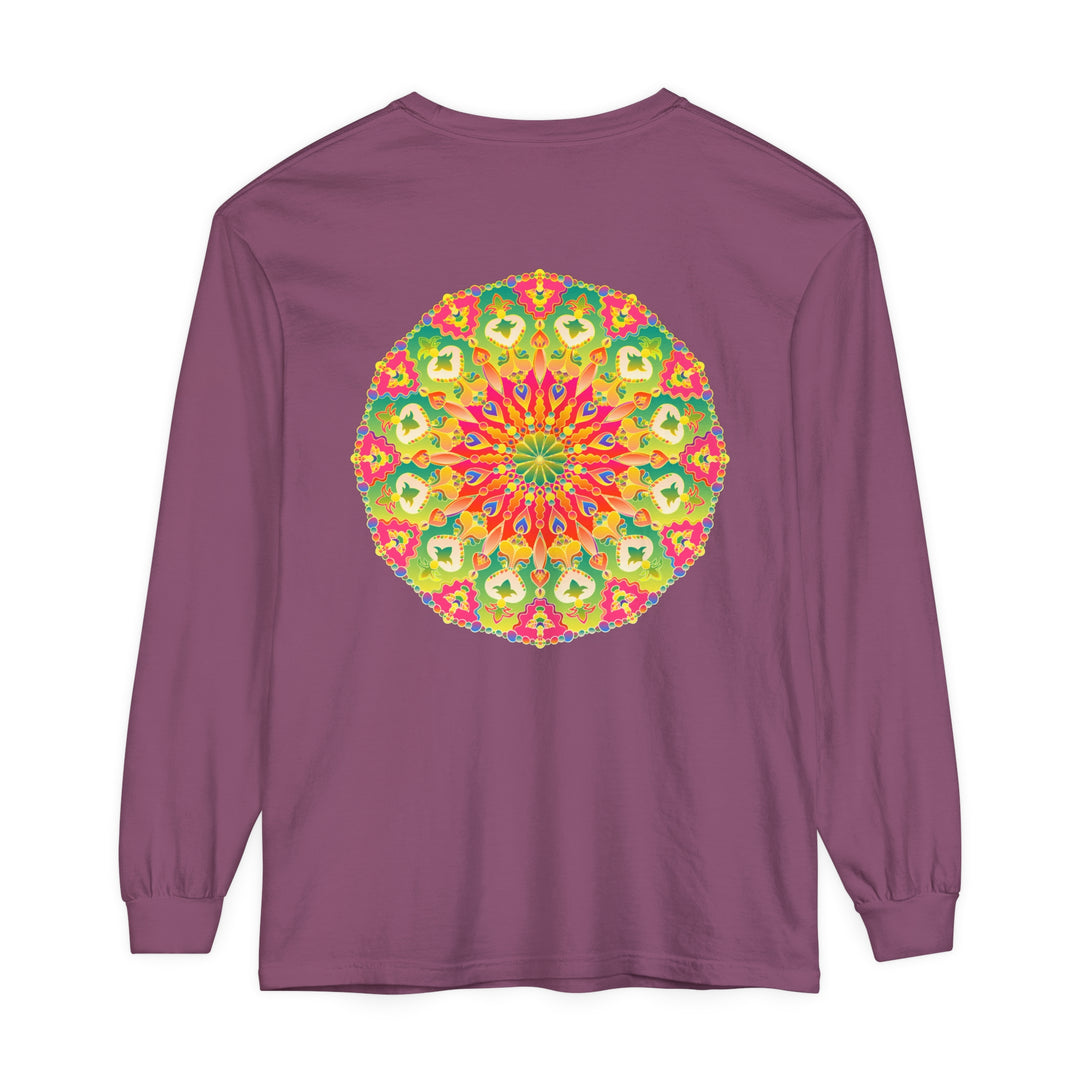 A colorful and detailed long sleeve t-shirt featuring an intricate mandala design