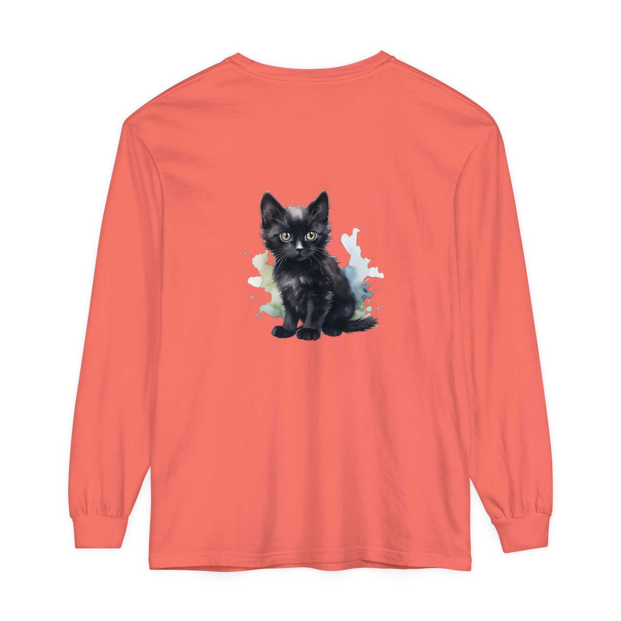 Black kitten watercolor long sleeve t-shirt featuring a cute kitten design