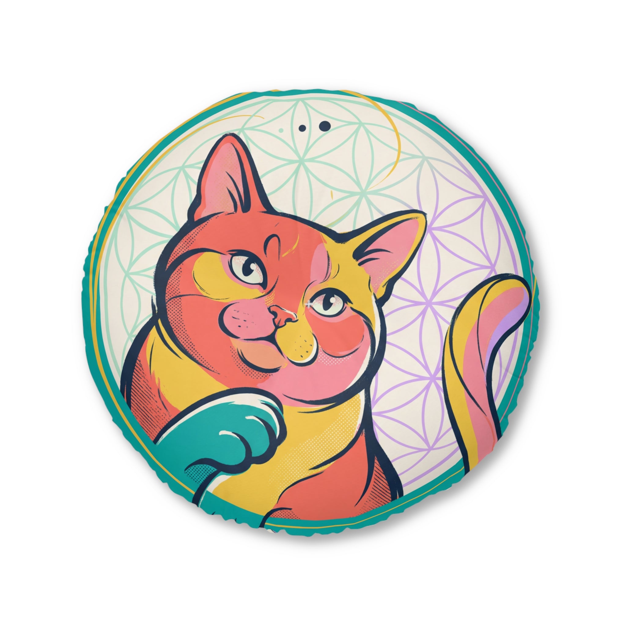 Rundes Bodenkissen mit Katzenmotiv und heiliger Geometrie