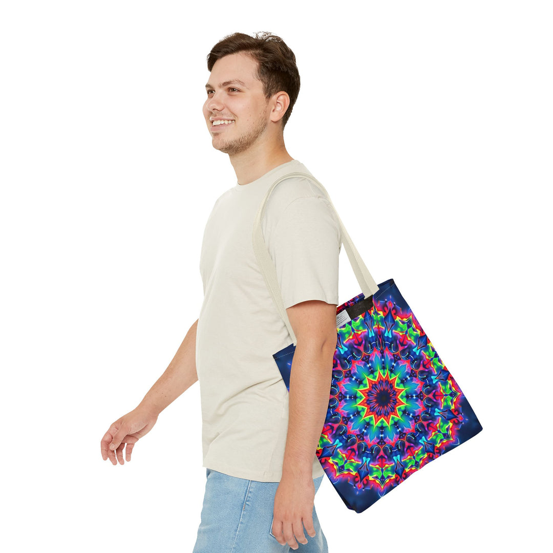 Colorful psychedelic mandala pattern on a large tote bag, perfect for carrying books, groceries, and everyday essentials