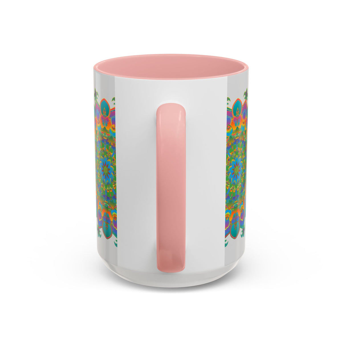 A vibrant and detailed mandala art mug with colorful and intricate design
