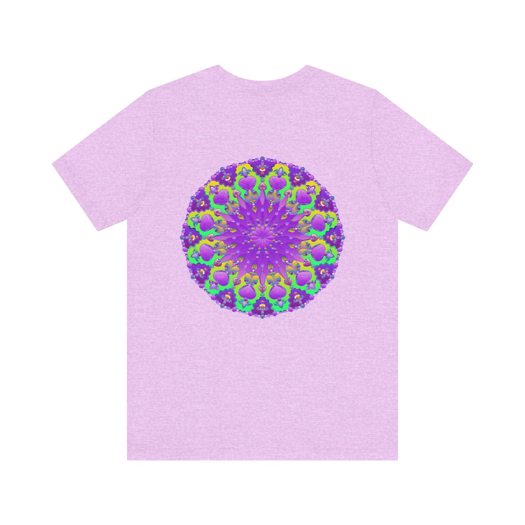 A vibrant purple t-shirt featuring a mandala design symbolizing spiritual peace and harmony