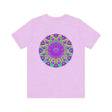 A vibrant purple t-shirt featuring a mandala design symbolizing spiritual peace and harmony