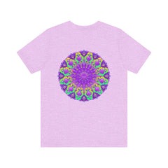 A vibrant purple t-shirt featuring a mandala design symbolizing spiritual peace and harmony