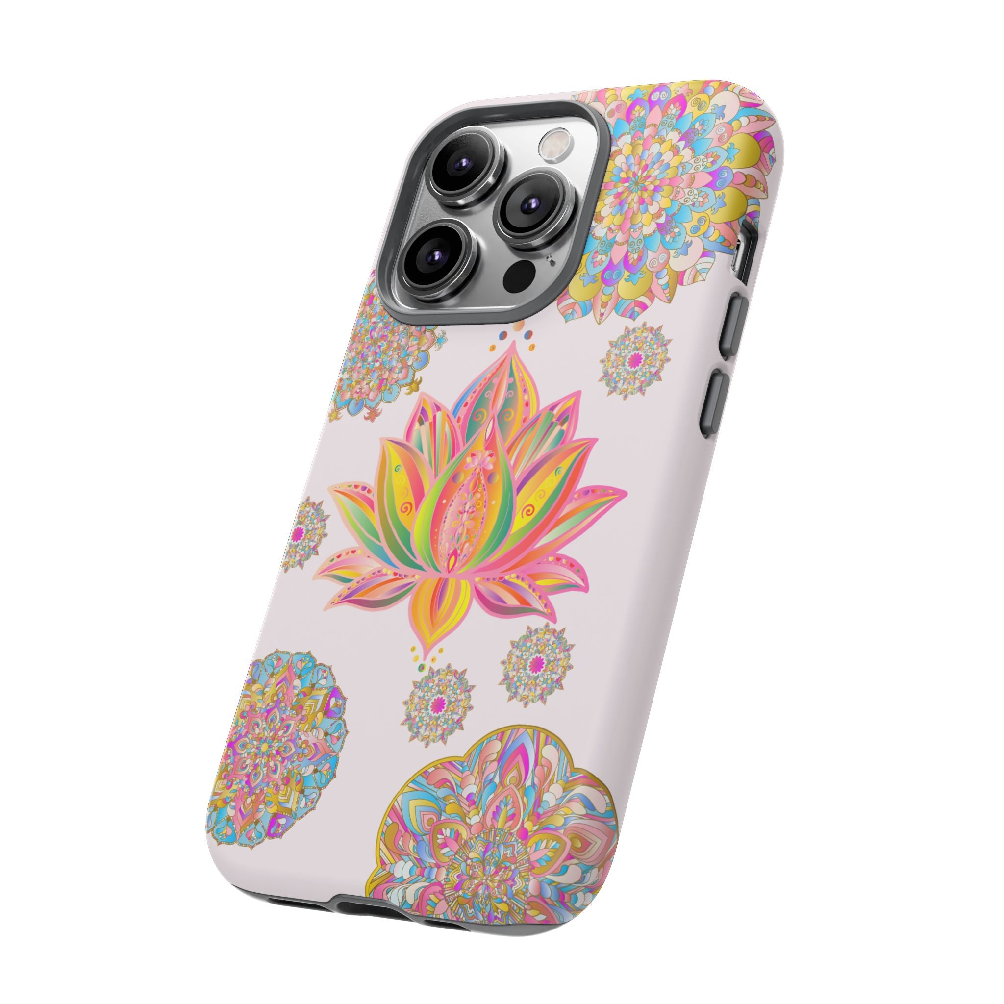 A close-up image of a light pink lotus flower mandala design phone case