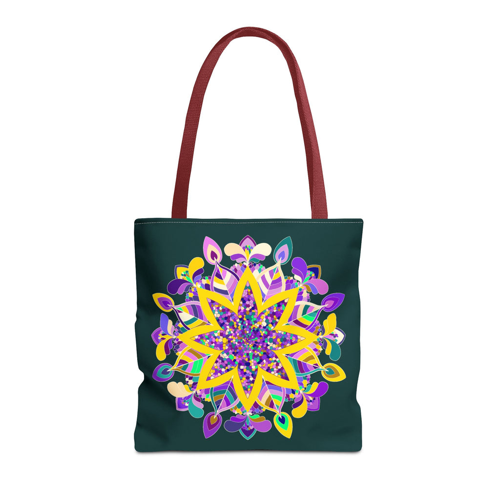 Colorful mandala tote bag in dark green, featuring zen girl design by Blululi