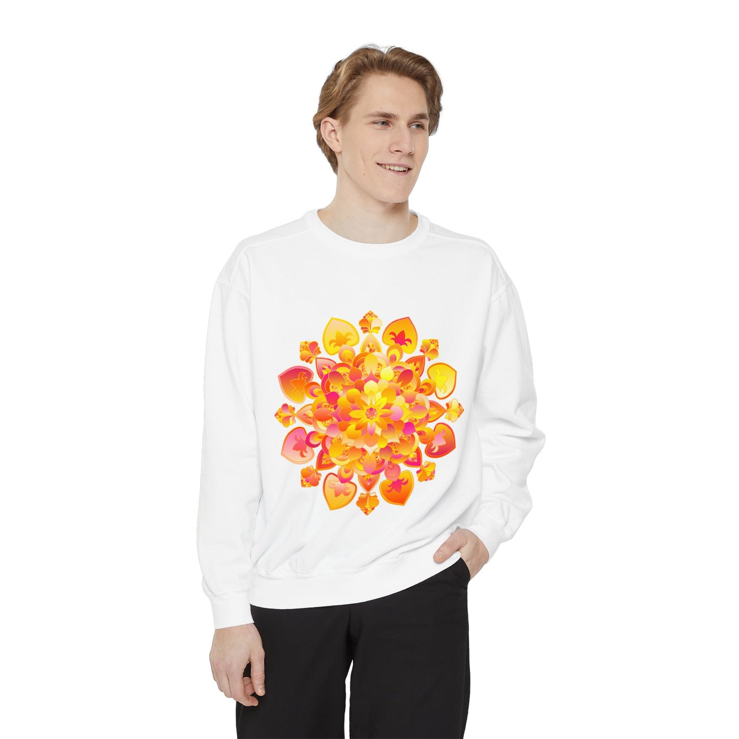 A cozy and comfortable sweatshirt featuring a mandala design, perfect for yoga, meditation, and promoting peace and tranquility in your daily life