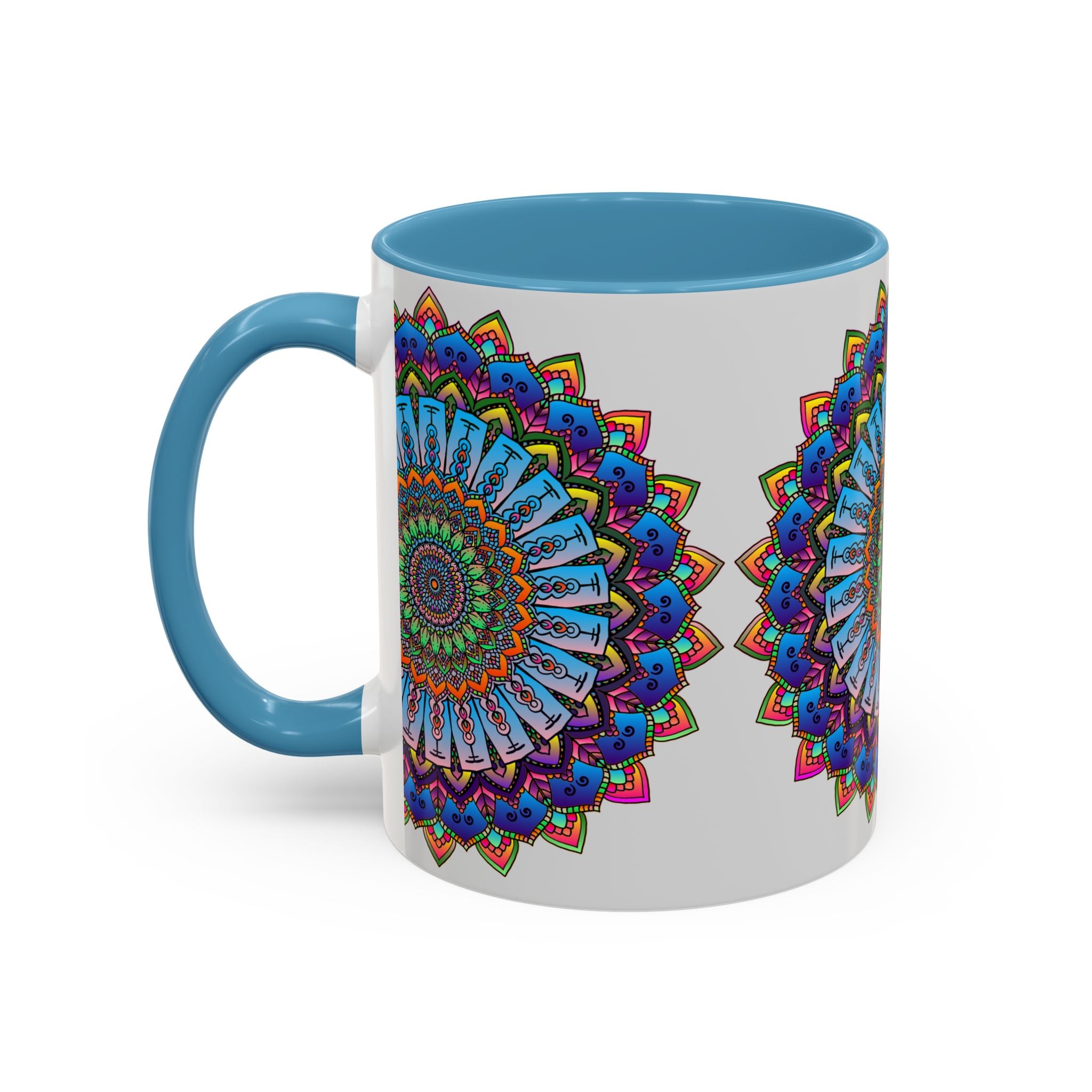  Eye-catching mandala design with vibrant colors on a grey ceramic mug 