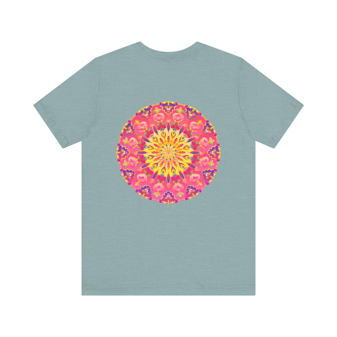 Beautiful pink and yellow mandala T-shirt with intricate design promoting peace and harmony