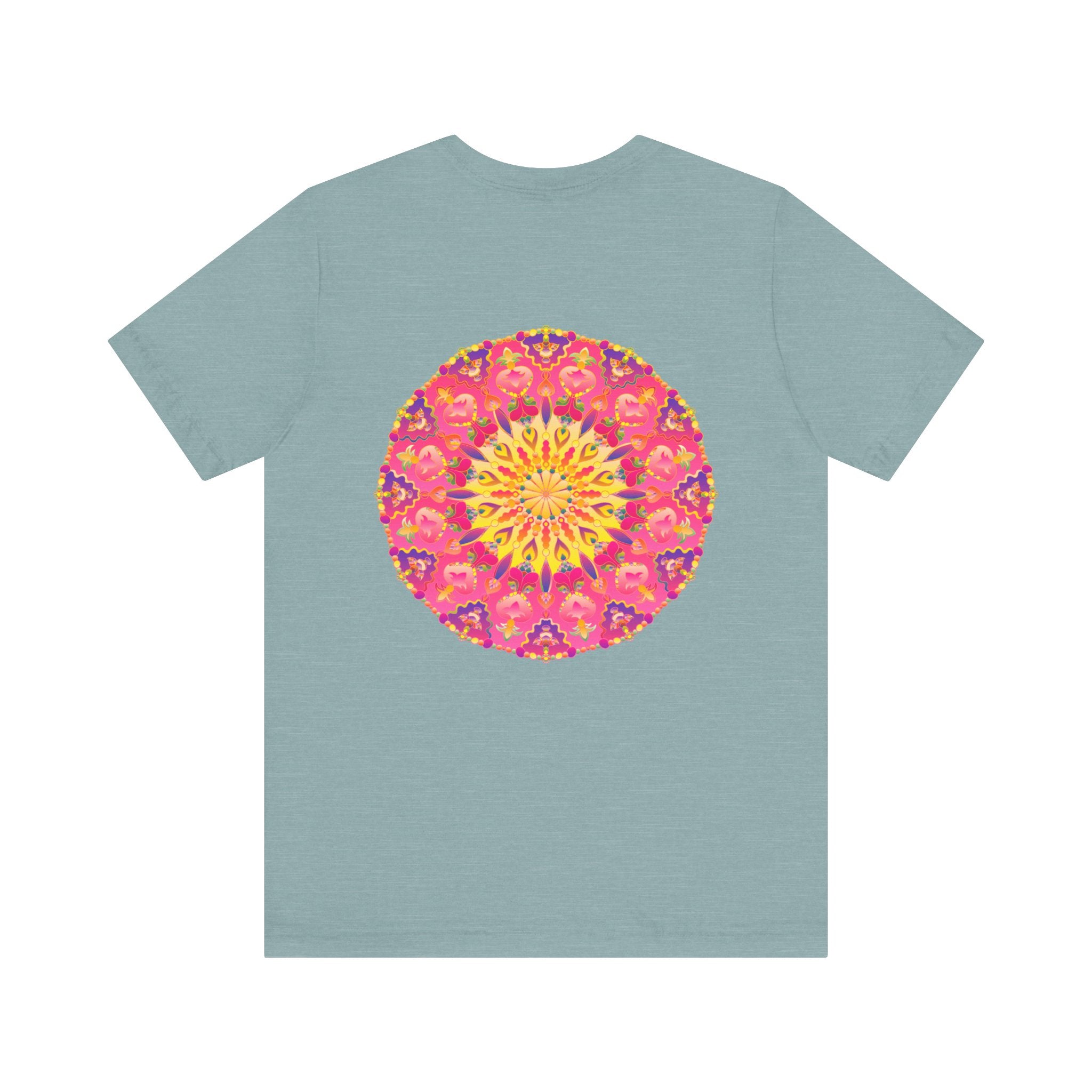 Beautiful pink and yellow mandala T-shirt with intricate design promoting peace and harmony