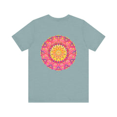 Beautiful pink and yellow mandala T-shirt with intricate design promoting peace and harmony