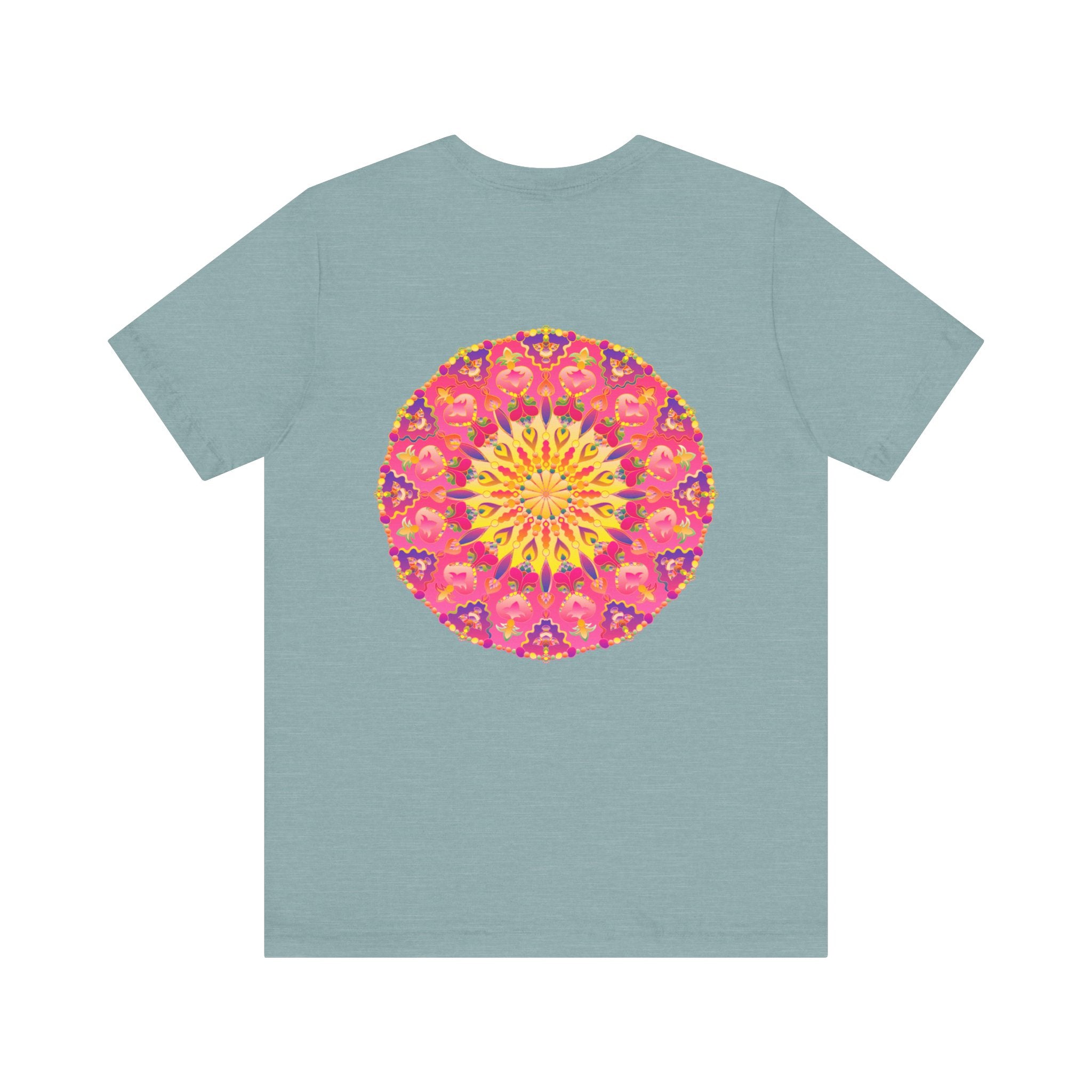 Beautiful pink and yellow mandala T-shirt with intricate design promoting peace and harmony