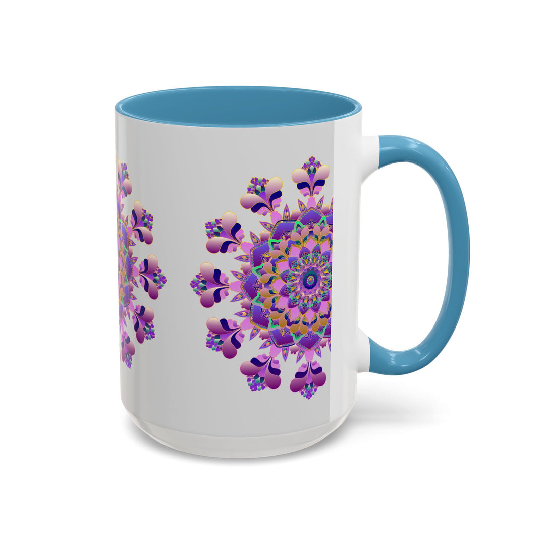 Handcrafted ceramic mug with a vibrant purple and pink floral mandala design