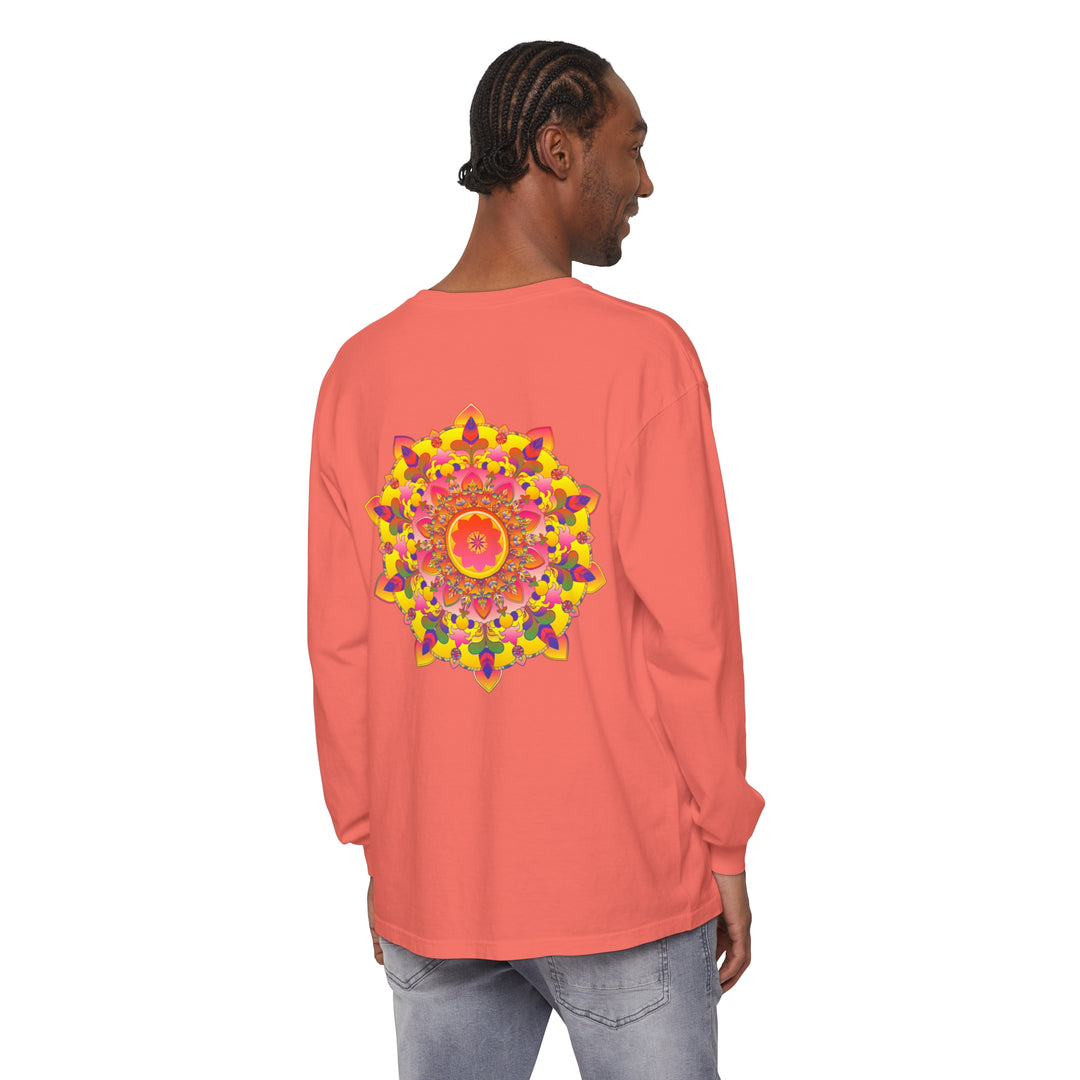 Colorful and intricate mandala design on a unisex long sleeve t-shirt