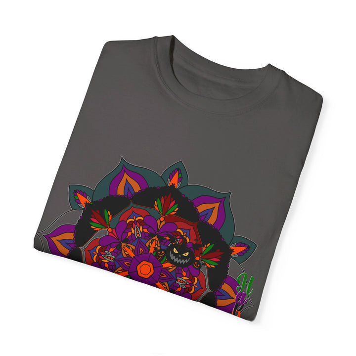 Unisex Halloween Mandala T-shirt featuring handmade pumpkin mandala art, on a garment-dyed tee