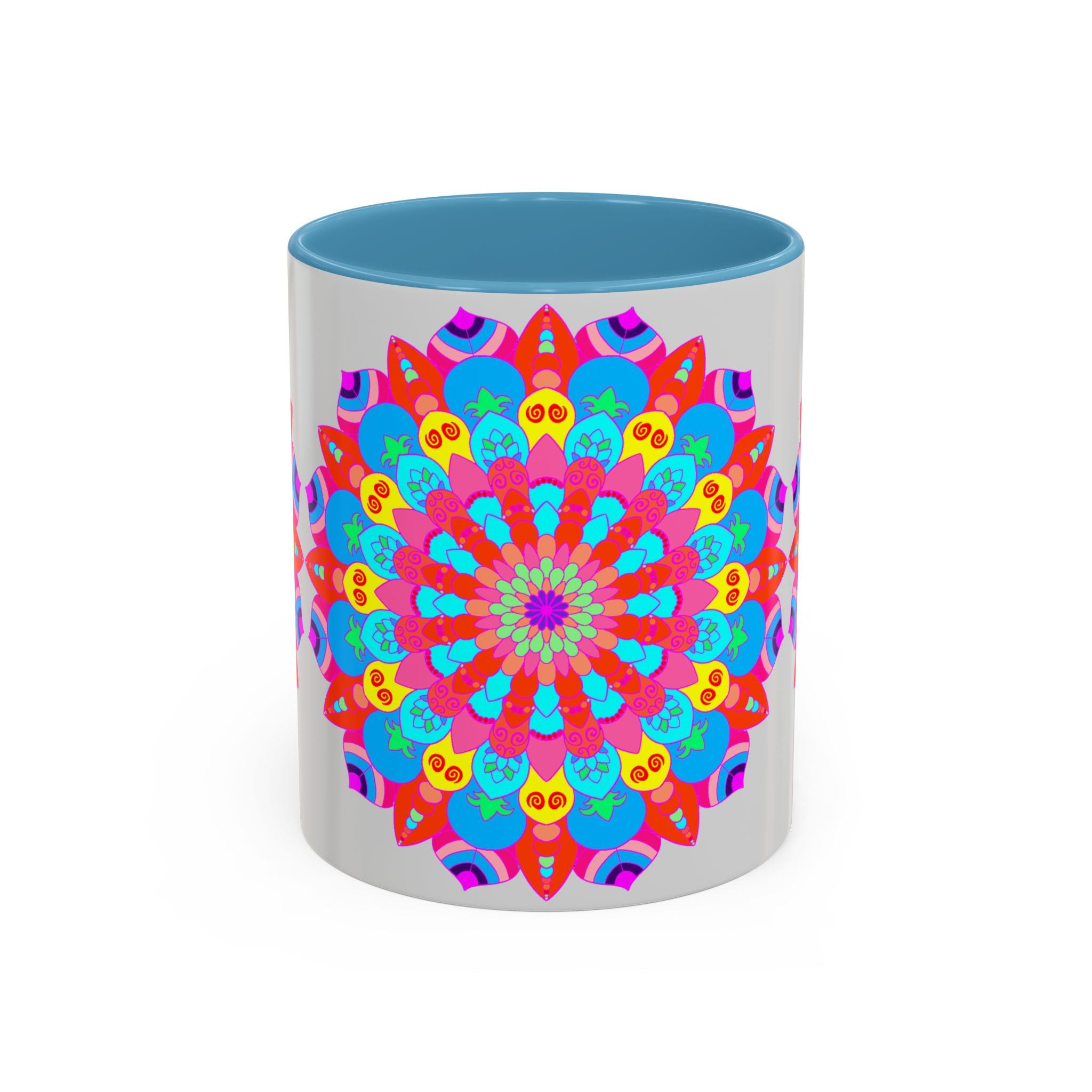 Colorful mandala mug symbolizing peace, serenity, and tranquility