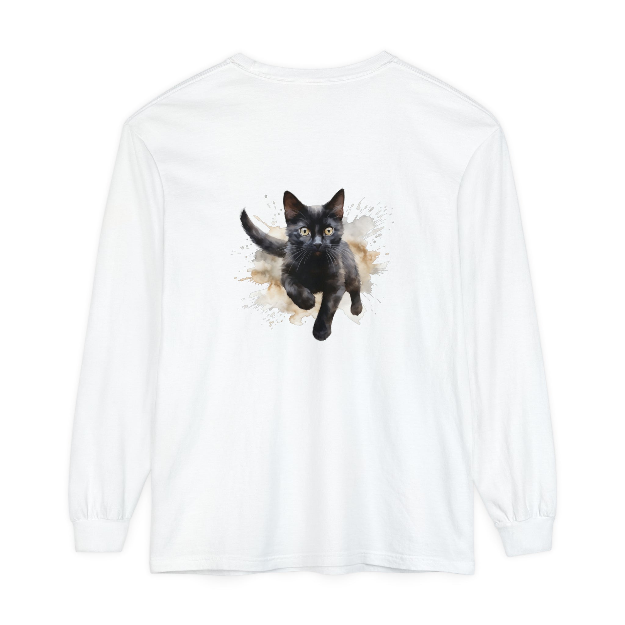 Black Cat Watercolor Splash T-Shirt featuring a playful feline design