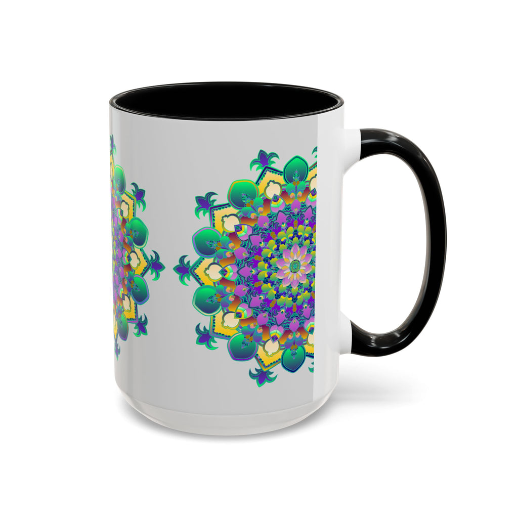 Beautiful light grey ceramic mug featuring a colorful and intricate mandala