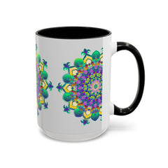 Beautiful light grey ceramic mug featuring a colorful and intricate mandala