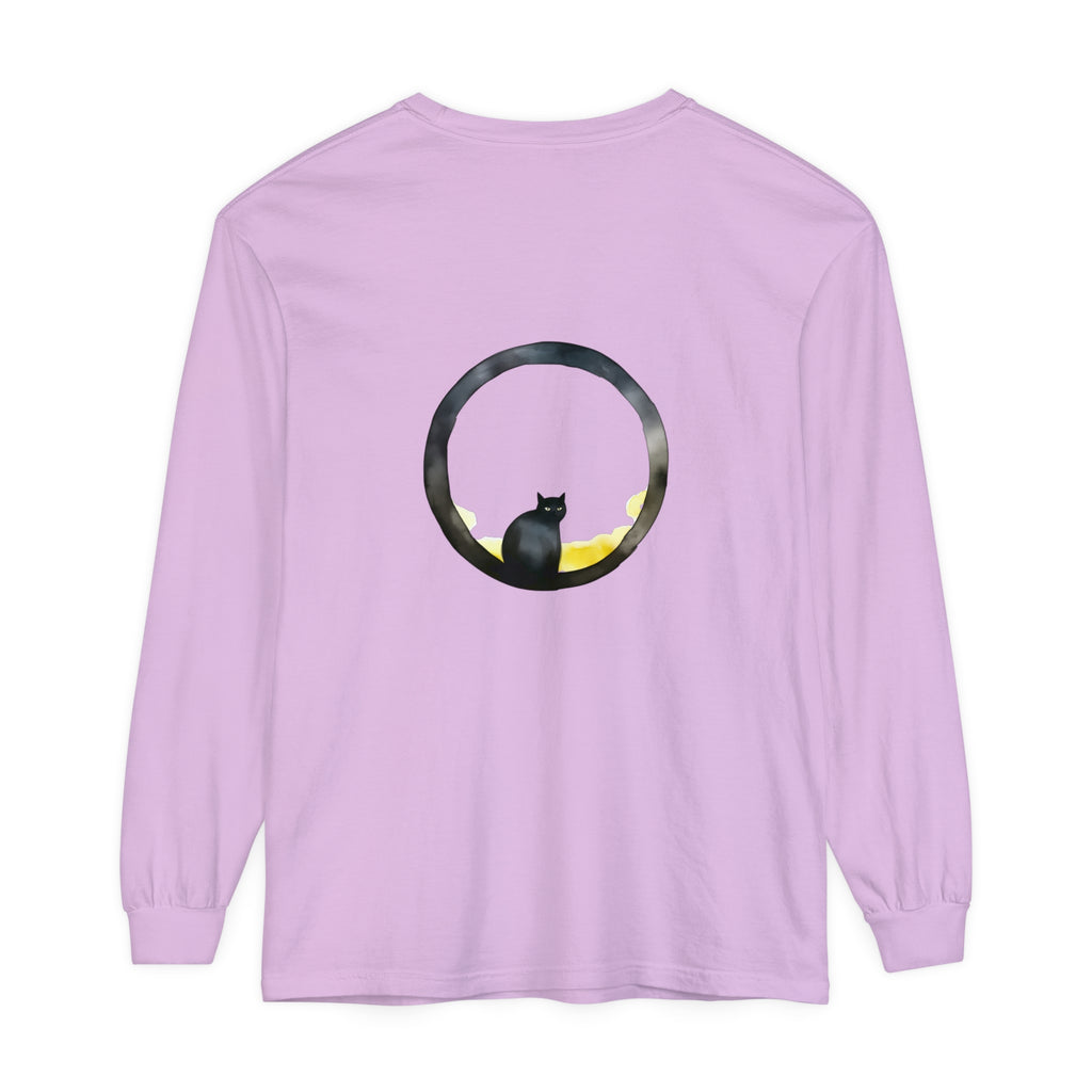 Black Cat Moon Glow Long Sleeve T-Shirt featuring a mystical black cat against a glowing moon backdrop, perfect for Halloween and cat lovers