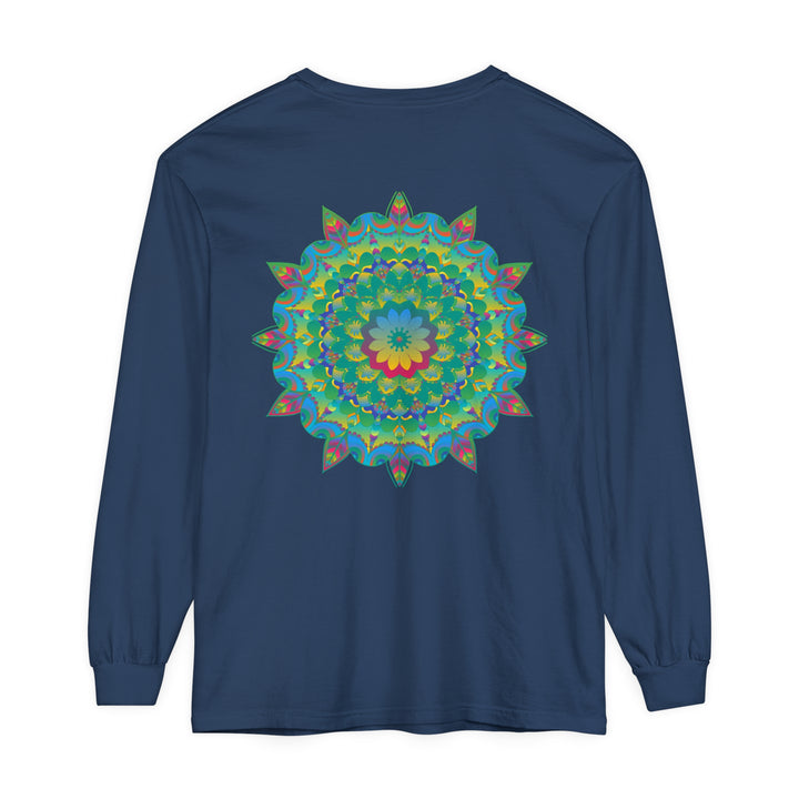 Colorful and intricate psychedelic mandala design on a long sleeve t-shirt