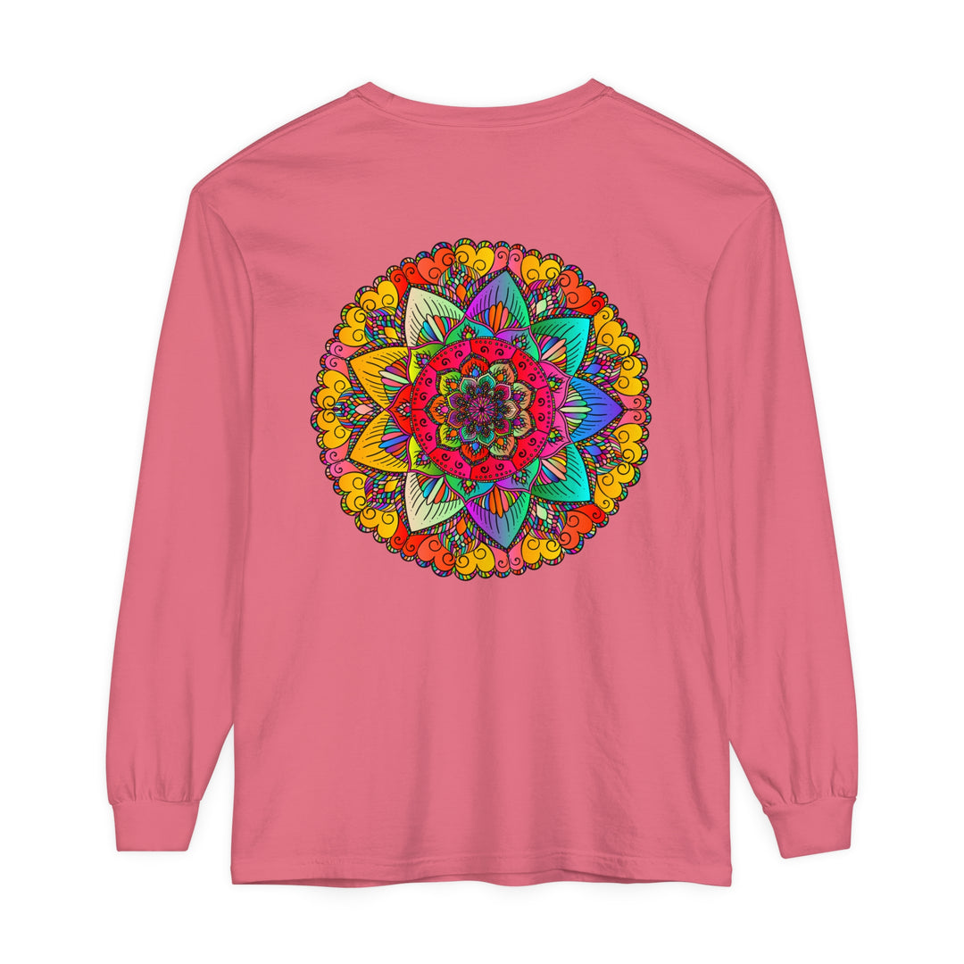 Colorful and intricate mandala design on a comfortable unisex long sleeve t-shirt for a vibrant and stylish look