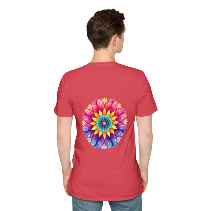 Beautiful white t-shirt featuring a vibrant floral mandala design and inspirational quote