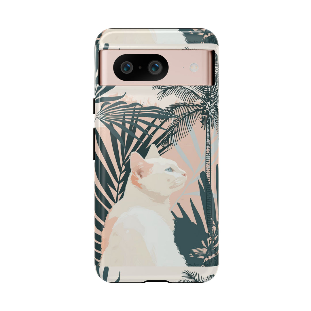 Tropische Katzen-Telefonhülle mit üppigen Palmenmotiven und sanften Pastelltönen