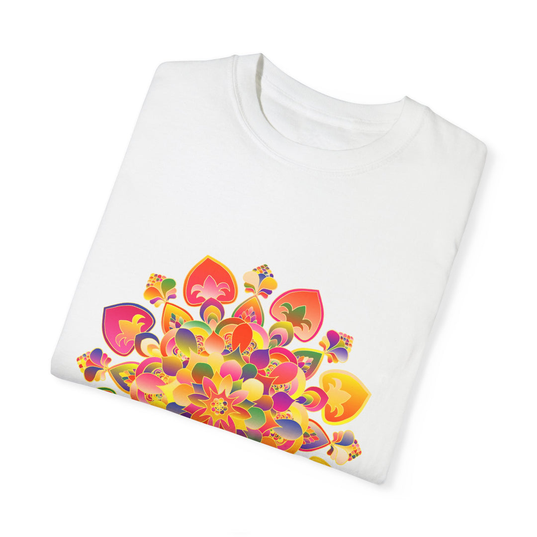 Colorful and intricate mandala design t-shirt, hand-drawn with vibrant, eye-catching details