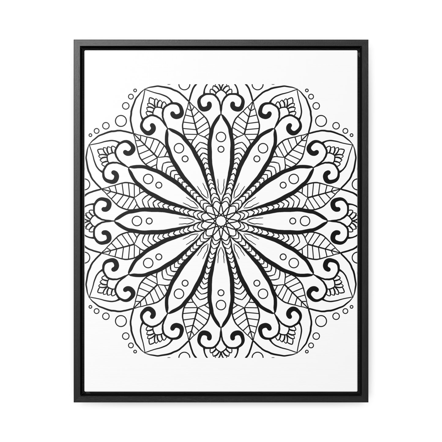 Beautiful handmade black and white mandala art on gallery canvas wrap, perfect for vertical display on any wall