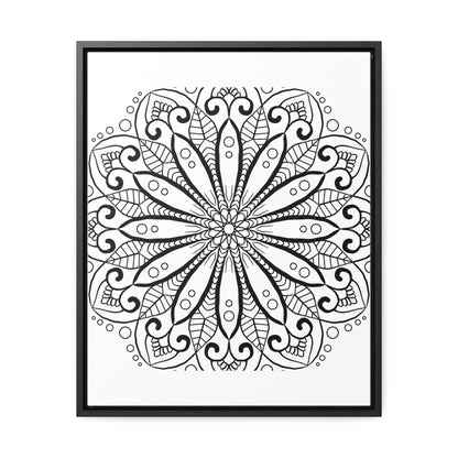 Beautiful handmade black and white mandala art on gallery canvas wrap, perfect for vertical display on any wall