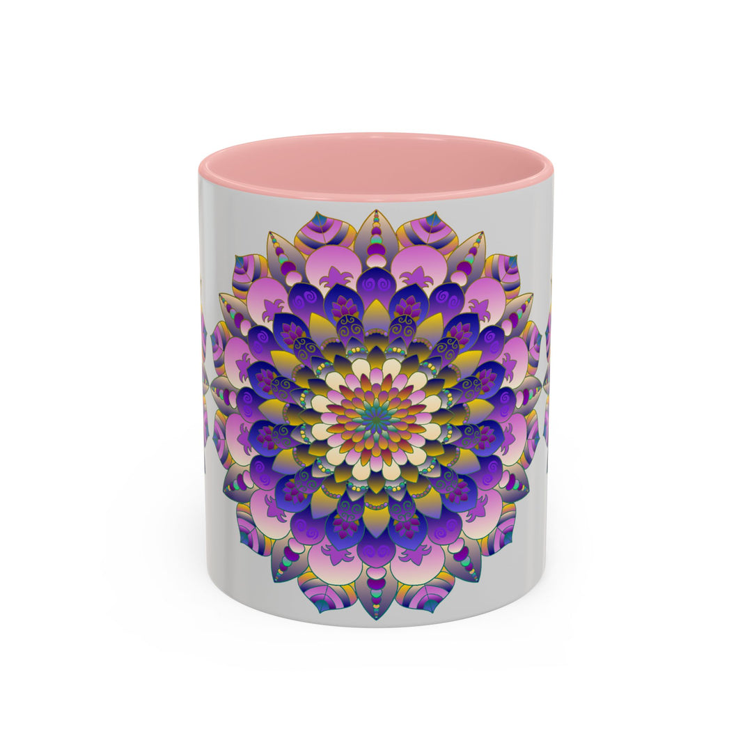 Beautiful mandala art design featuring vibrant colors on a grey background, showcased on a high-quality ceramic mug