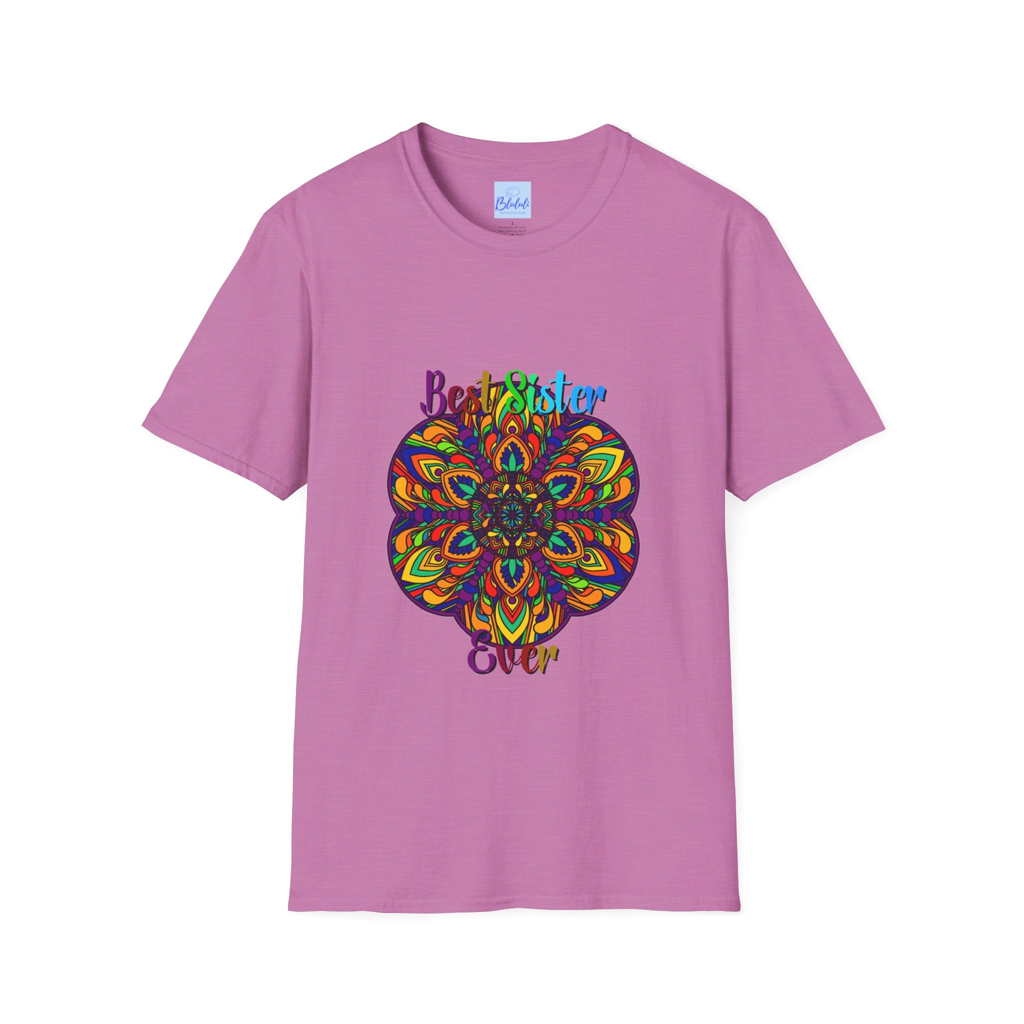 Colorful and intricate mandala art design on a soft unisex t-shirt, perfect gift for a sister, hand-drawn and unique